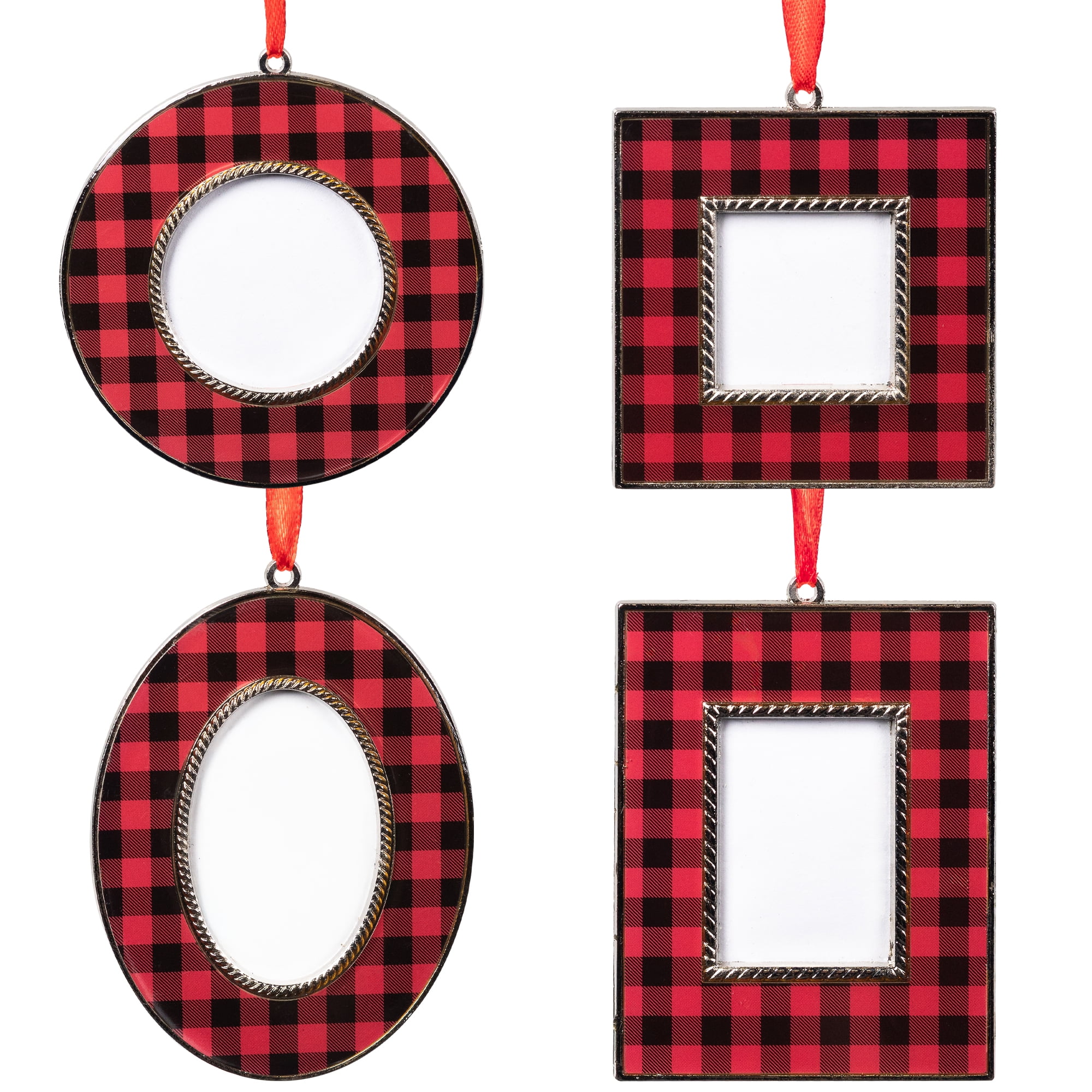 Buffalo Plaid Photo Frame Christmas Ornaments - 3.5" - Set of 4