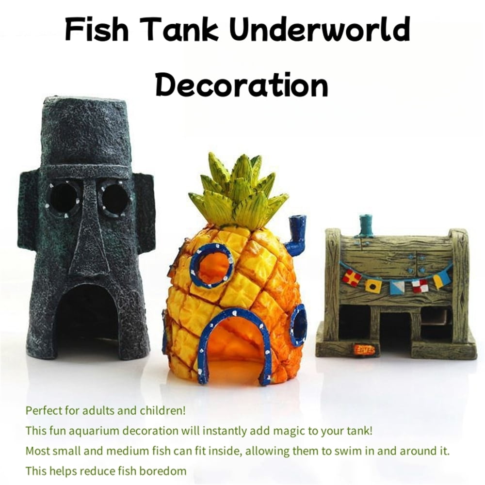 SpongeBob Aquarium Ornament 3-Piece Set, Mini Pineapple & Krusty Krab Decor with Squidward House, Resin Cave Hideouts for 5-20 Gallon Tanks