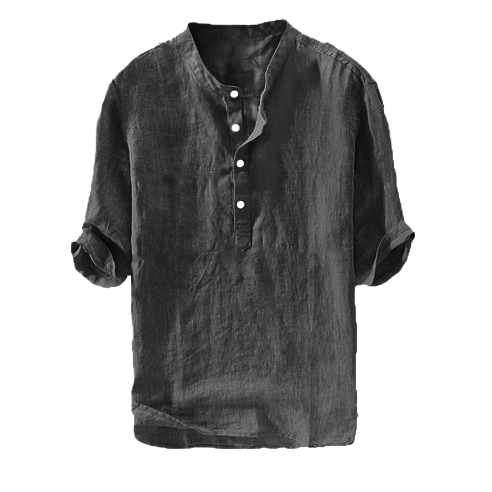 Mens Henley Linen Shirts Beach Casual Short Sleeve Button Up Tshirt