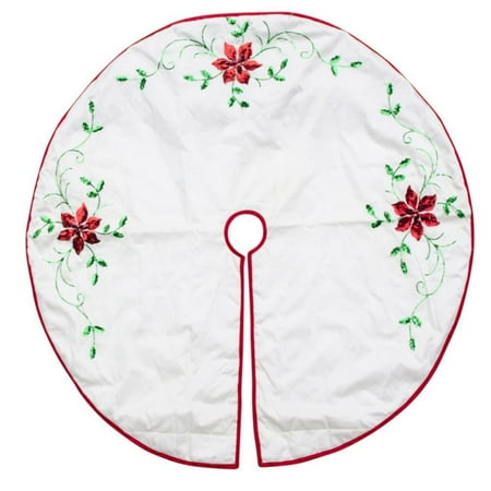 48 White Poinsettia Embroidered Christmas Tree Skirt 48 White Poinsettia Embroidered Christmas Tree Skirt