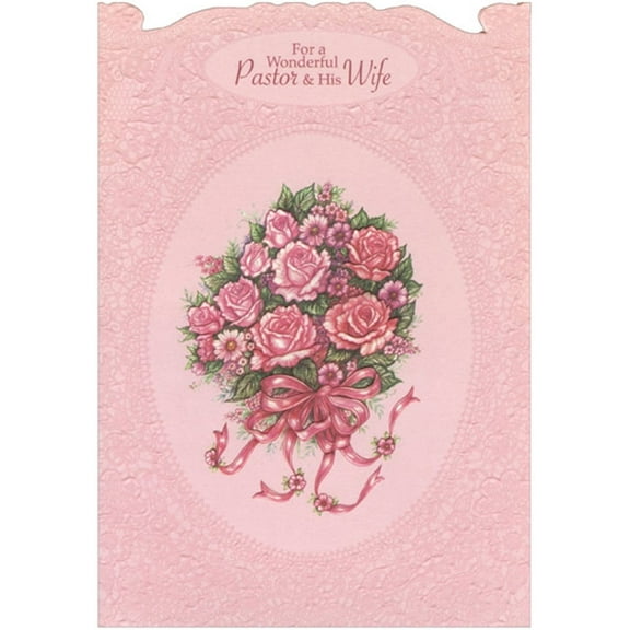 Designer Greetings Pink Bouquet in Oval Frame with Embossed Floral Border Die Cut Wedding Anniversary Congratulations Card for Pastor and Wife