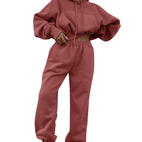 Fiaer,2 Piece Sets for Cropped Hoodies and Sweatpants,Womens Loose Fit Solid Hooded Sweatsuits Sets,Ladies Casual Trendy Drawstring Tracksuits Sets Red XL