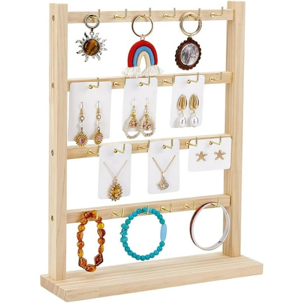 Exhibidor de aretes y joyería para vendedores con 24 ganchos y 4 niveles. Organizador de joyería de madera.
