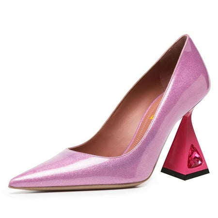 

FSJ Women Classic Pointy Toe Crystal Flared High Heel Pumps Closed Toe Slip-On Party Wedding Office Dress Shoes Size 6 Pink