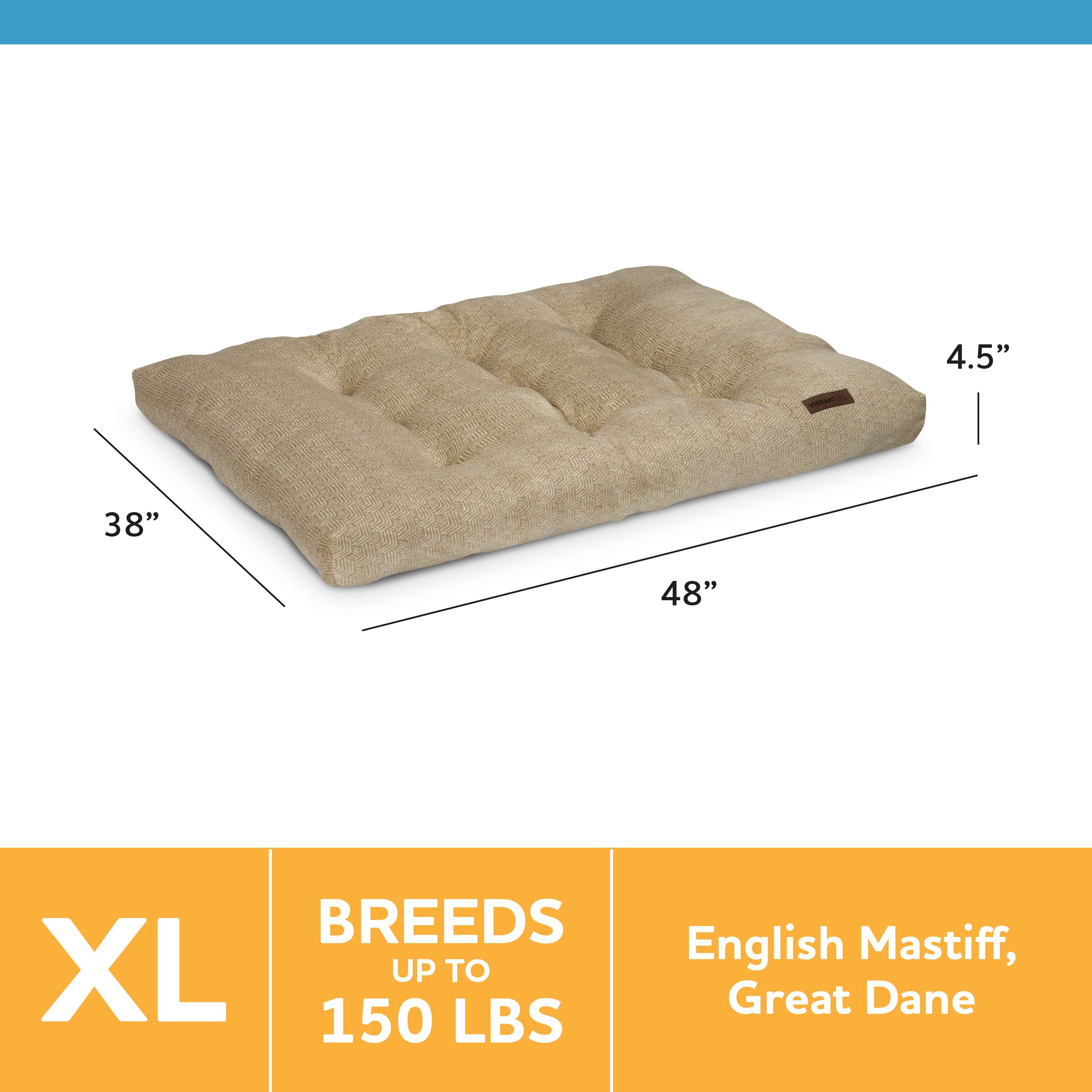 Vibrant Life Extra Large Dog Bed, Plush Pillow Bed For Large Breeds, Extra Large, 38" x 48", Tan