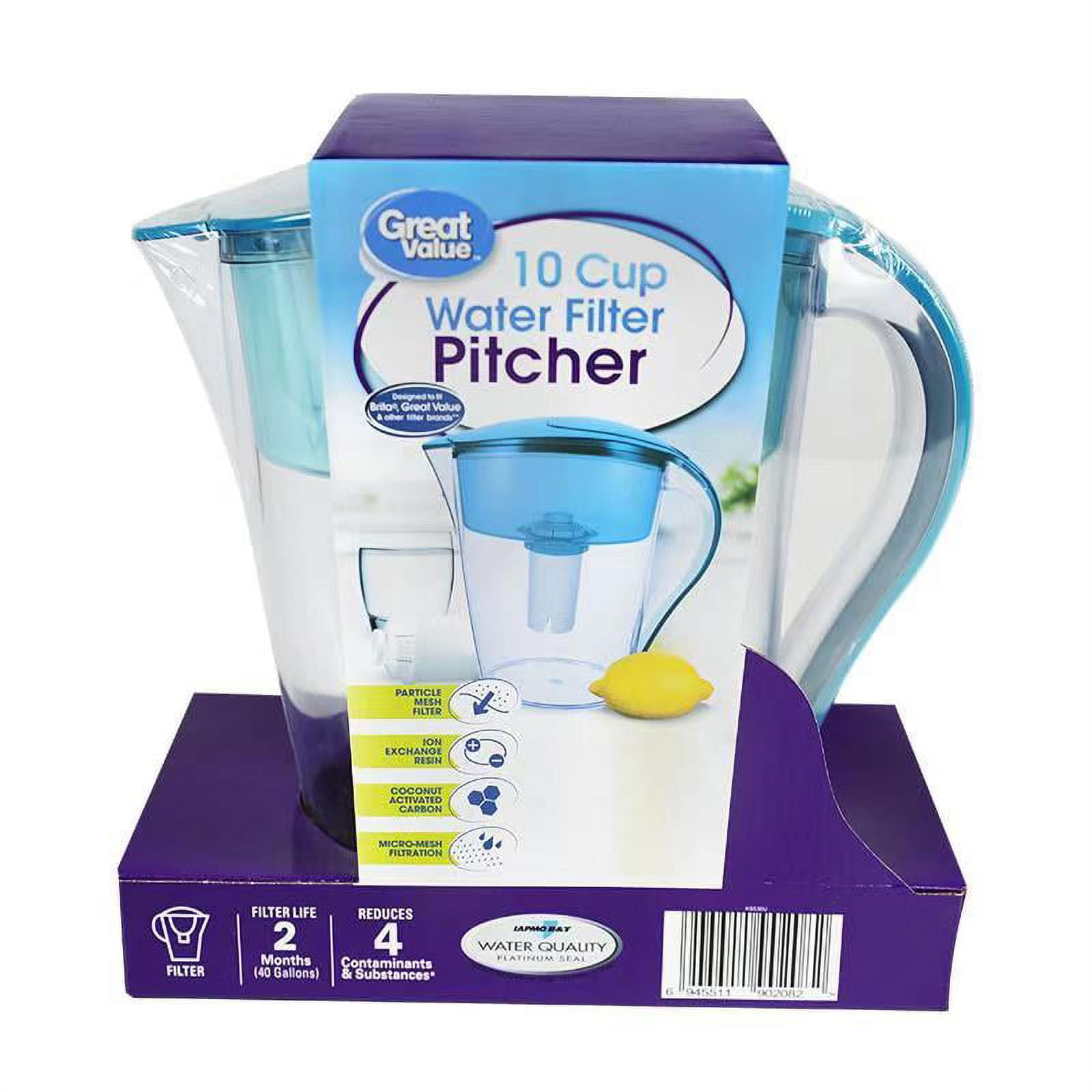 Great Value 10-Cup Water Pitcher, Blue, BPA-Free, BRITA Compatible, 2.5"Hx2.5"Wx4.8"D