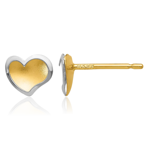 14K Solid Two Tone Gold Heart Stud Earrings
