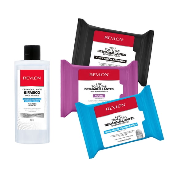 Set Desmaquillante bifásico Revlon para ojos y labios con 3 Paquetes de Toallitas Desmaquillantes