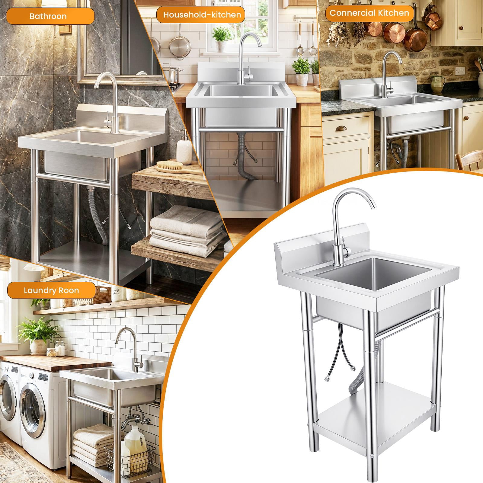Stainless Steel Single Bowl Laundry Sink 4 Piece Set, 17.6 LBS Freestanding Utility Sink with Faucet & Drain, Silver Deep Basin Utility Tub for Home Laundry Room, Basement, Garage & Household Use