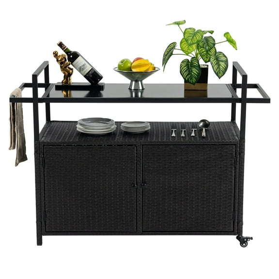 Outdoor Wicker Bar Cart, Patio Wine Serving Cart w/Wheels, Rolling Rattan Beverage Bar Counter Table w/Glass Top