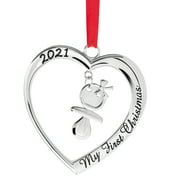 Baby's First Christmas Ornament 2021 - Silver Heart with Hanging Pacifier Christmas Ornament - Babies Christmas Ornament Engraved My First Christmas 2021 - Baby Ornament 2021 with Gift Box By Klikel