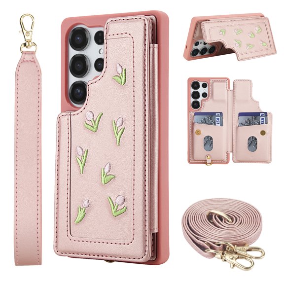 Flower Colored Knit Pattern Wallet Case for Samsung Galaxy S24 Ultra, Elegant PU Leather Card Slots Kickstand Handstrap Crossbody Strap Heavy Duty Protective Magnetic Clasp Rugged Flip Cover,Rosegold