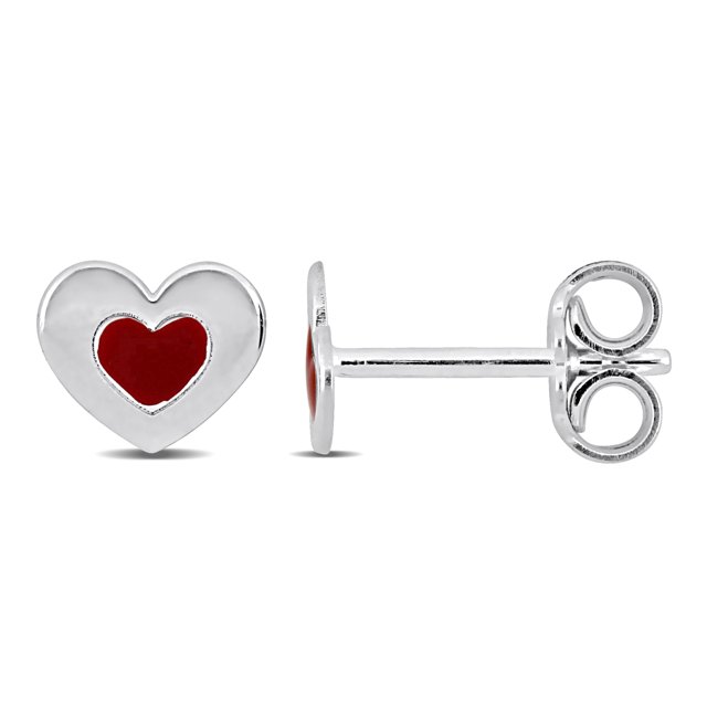 Miabella Red Enamel Heart Stud Earrings in Sterling Silver