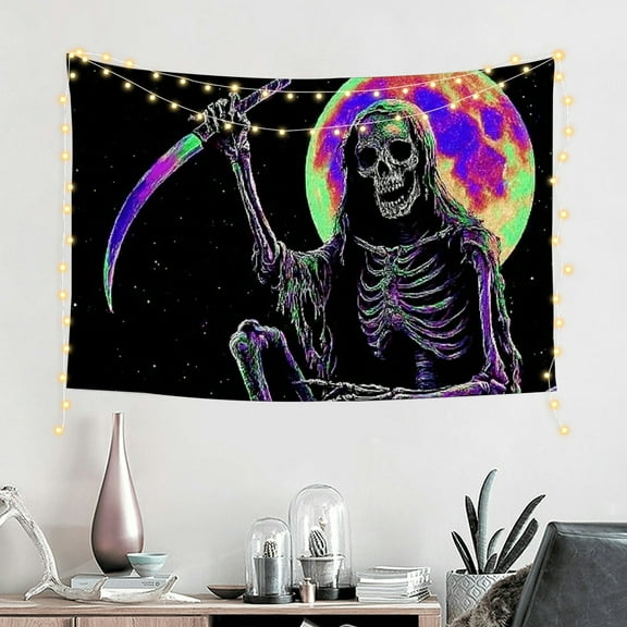 FCXZI  Blacklight Skull Tapestry Glow in The Dark UV Reactive Grim Reaper Wall Hanging Trippy Skeleton Tapestry Gothic Art Poster for Bedroom Living Room Dorm Aesthetic Decor   60*40in