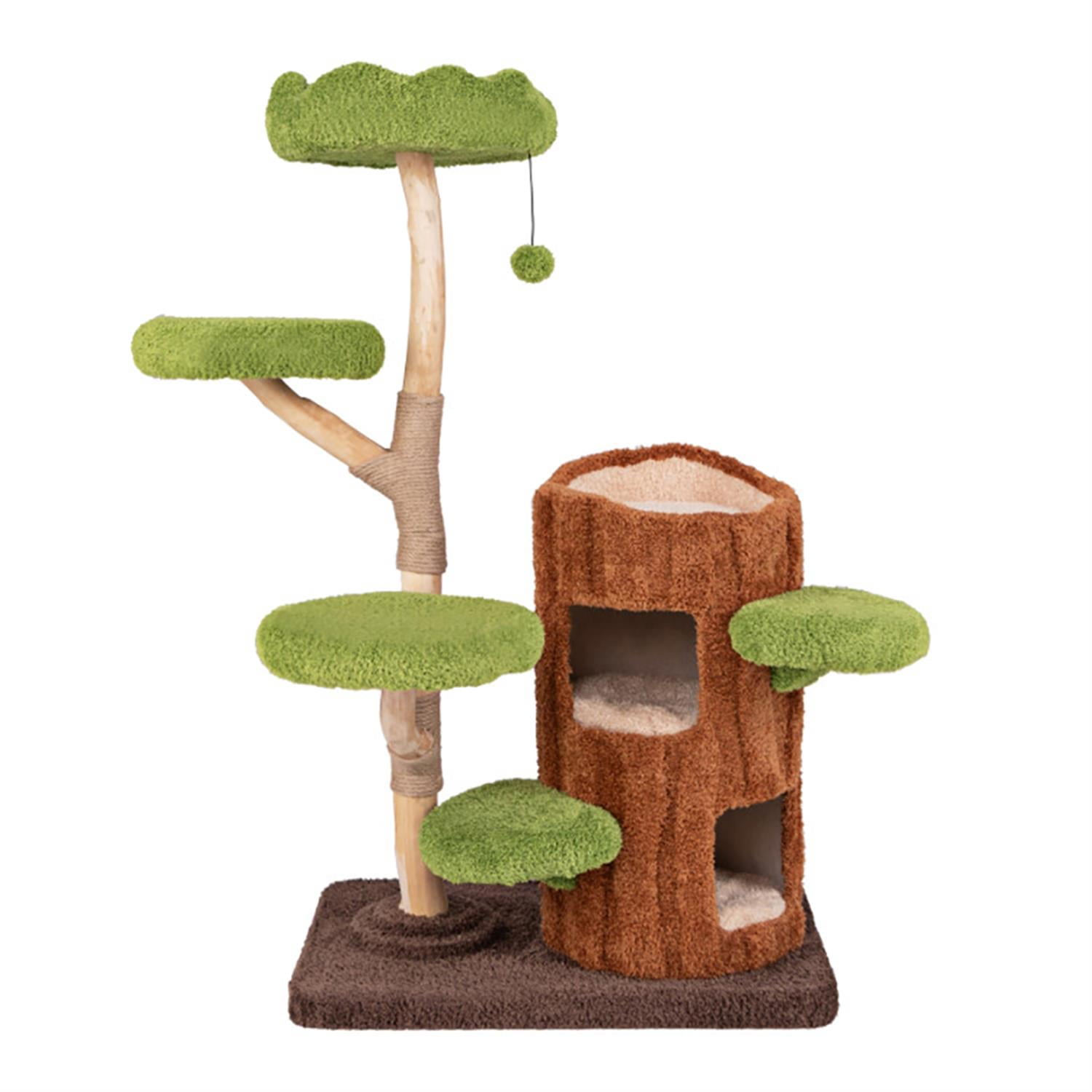 resenkos 55" Cat Tree Tower with Dual Condos for Indoor Cats, Plush Cat House with Padded Perch, Scratching Panel and Posts, Brown