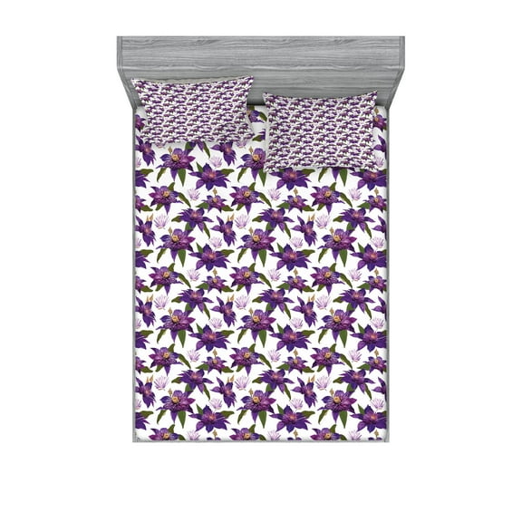 Ambesonne Floral Fitted Sheet & Pillow Sham Set, Clematis Blossoms Look, Full, Purple Dark Green White