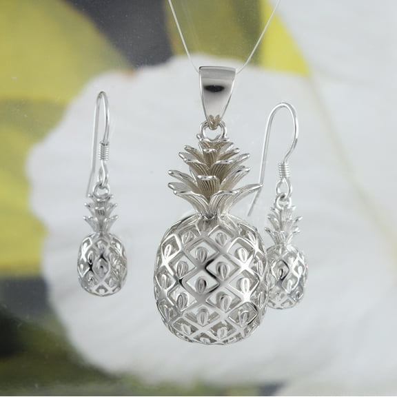 Gorgeous Hawaiian X-Large 3D Pineapple Earring and Necklace, Sterling Silver Pineapple Pendant, N6132S Birthday Mom Valentine Gift
