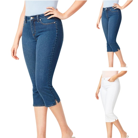 RKSTN Jeans for Women Plus Size Capri Denim Pants Solid Color Slightly Stretchy Slim Fit Versatile Casual Pants with Pockets