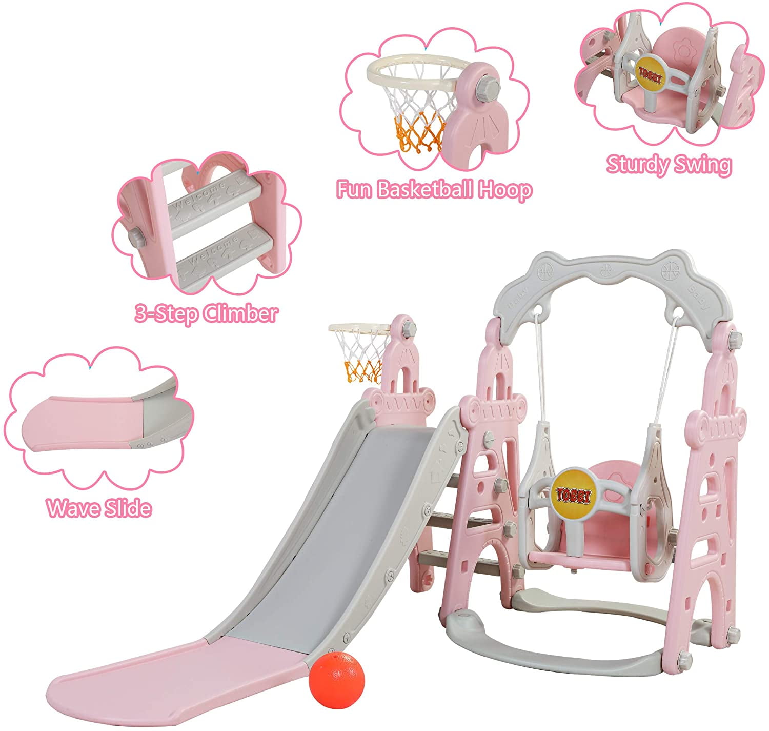 CIPACHO 3 in 1 Toddler Slide and Swing Set, Kids Play Climber Slide Playset with Basketball Hoop, Extra-Long Slide, Baby Slide for Indoor Outdoor, Pink+Gray CIPACHO 3 in 1 Toddler Slide and Swing Set, Kids Play Climber Slide Playset with Basketball Hoop, Extra-Long Slide, Baby Slide for Indoor Outdoor, Pink+Gray