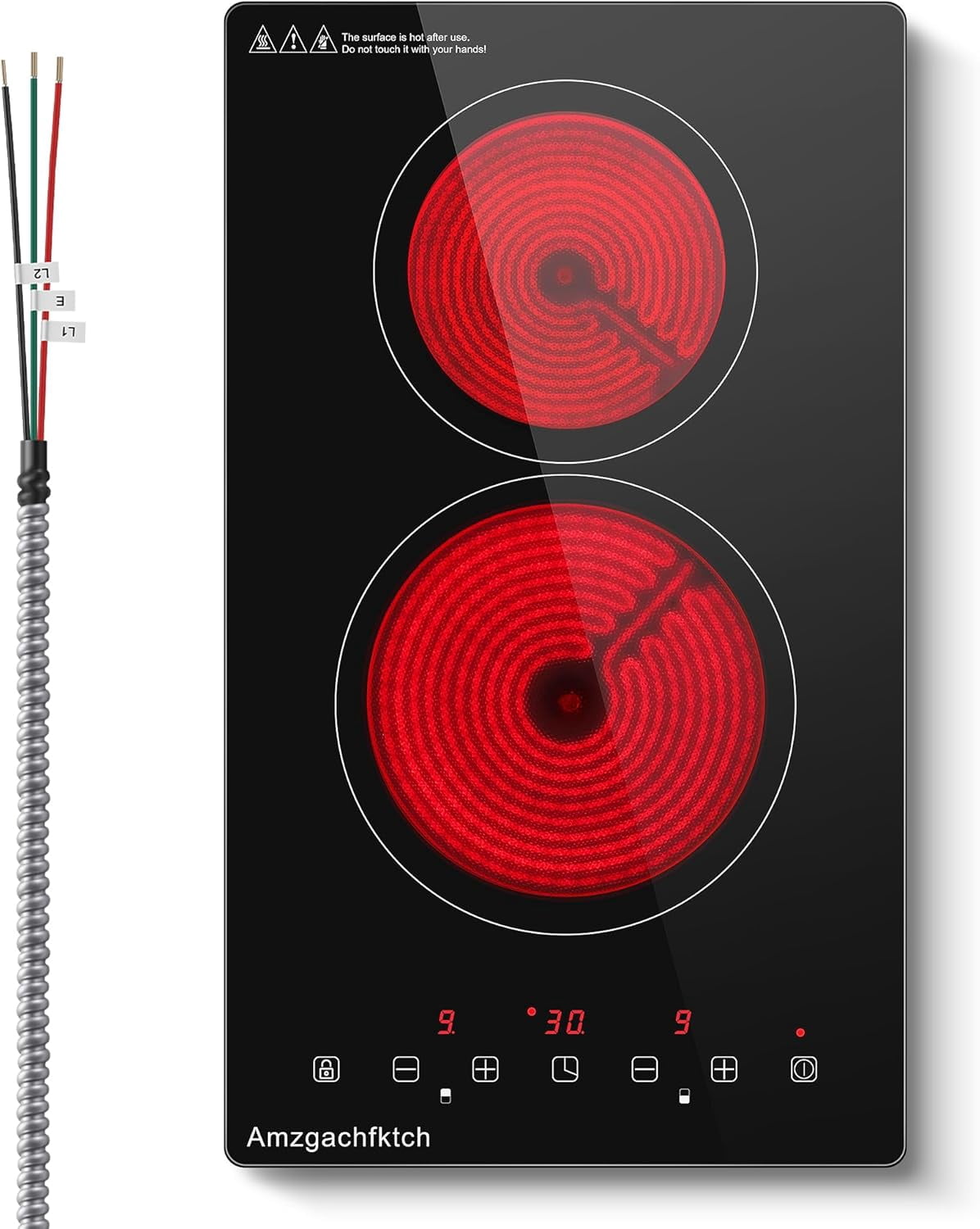 2 Burner Electric Cooktop 220V~240V, 12 Inch Built-in 3000W Ceramic Stove Top with Child Safety Lock, Timer & Residual Heat Indicator, Hard Wire(No Plug) for Modern Kitchens