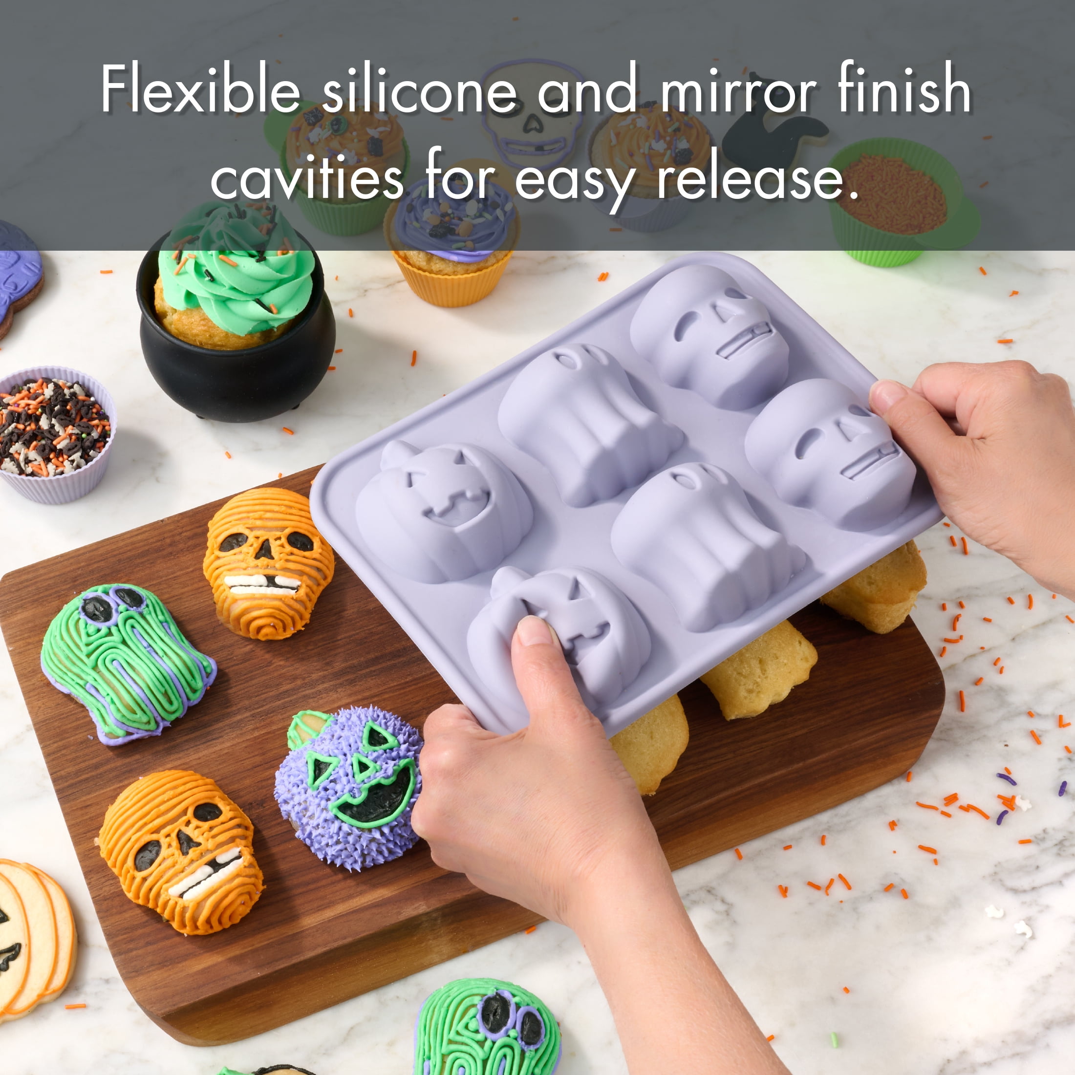 Way To Celebrate 6 Cavity Silicone Cakelet Pan, Jack-o’-lantern, Ghost and Skull designs, Purple