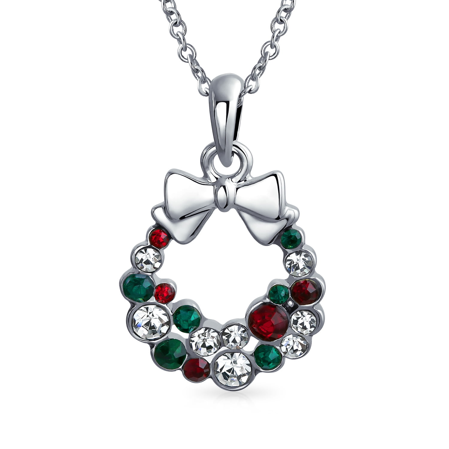 Holiday Red Green White Crystal Christmas Wreath Pendant Silver Plated Brass Necklace Earring Set for Women Teen 16 in