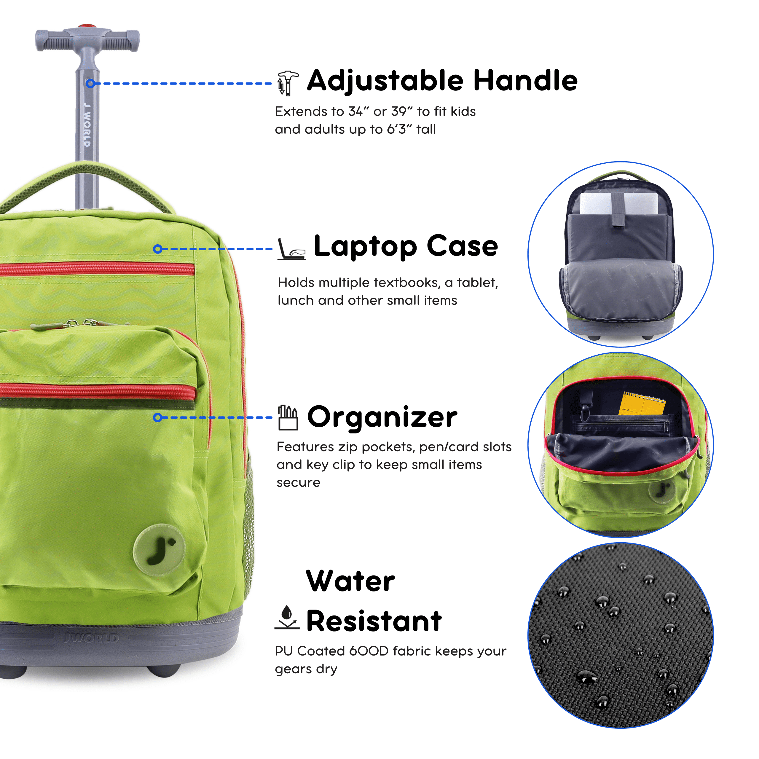 J World Unisex Sundance 20" Rolling Backpack with Laptop Sleeve for School and Travel, Celery