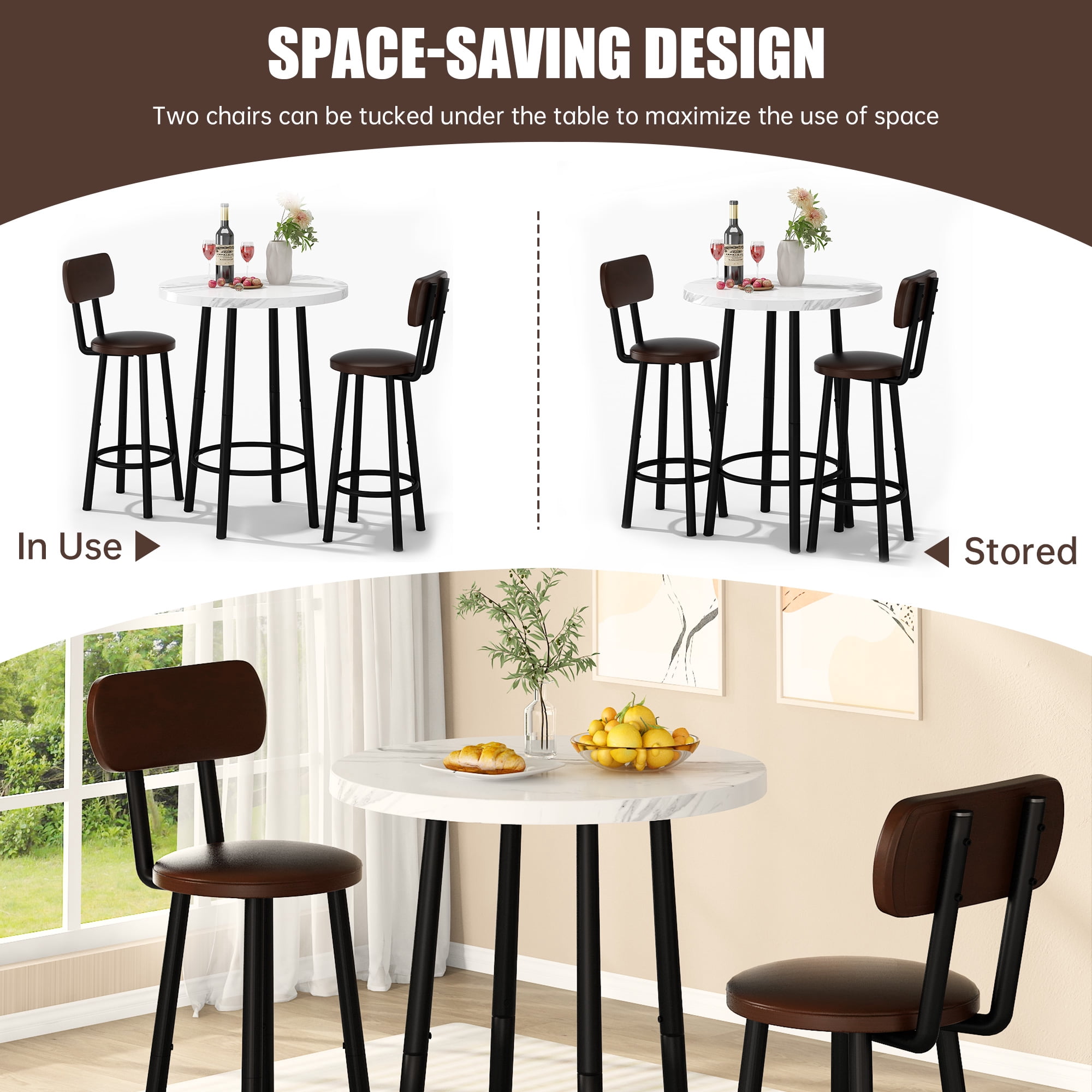 MIERES Round Marble Dining Table Set, 2-Seater Kitchen Dining Set with Two Bar Stools, Compact Dining Table, White
