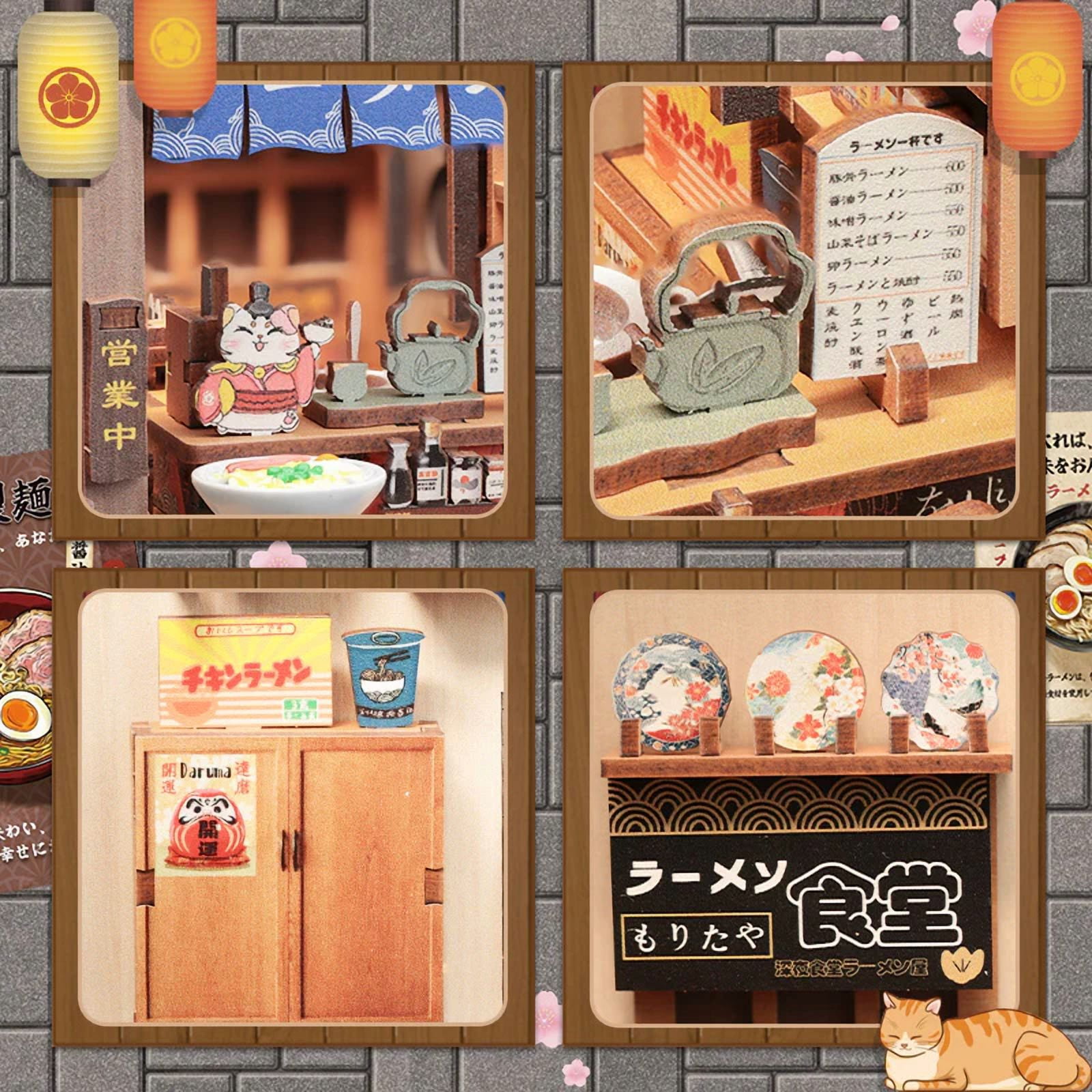 CUTEBEE DIY Book Nook Kit – Morita-Ya Japanese Ramen Shop Miniature Dollhouse Insert with LED Light, 3D Wooden Puzzle Craft Kit for Adults & Teens