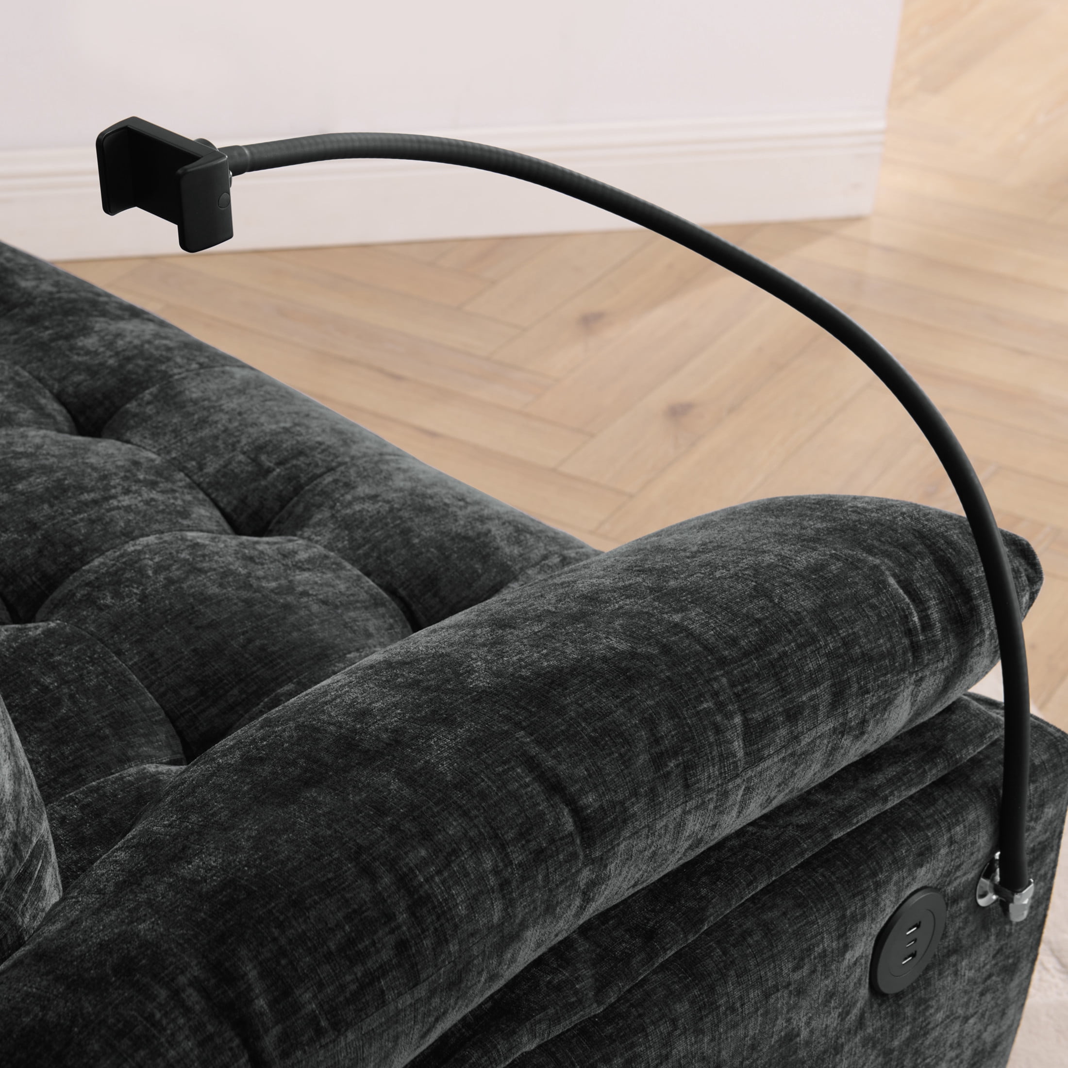 Noble House Wesley Double Sofa Recliner, Adjustable Chenille Fabric Chair with Charging Port and Storage Ottoman, Black