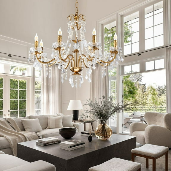 40" Antique Bronze Crystal Chandelier - 8-Light Vintage Iron Ceiling Fixture with Adjustable Chains, E12 Sockets for Dining Room/Living Room