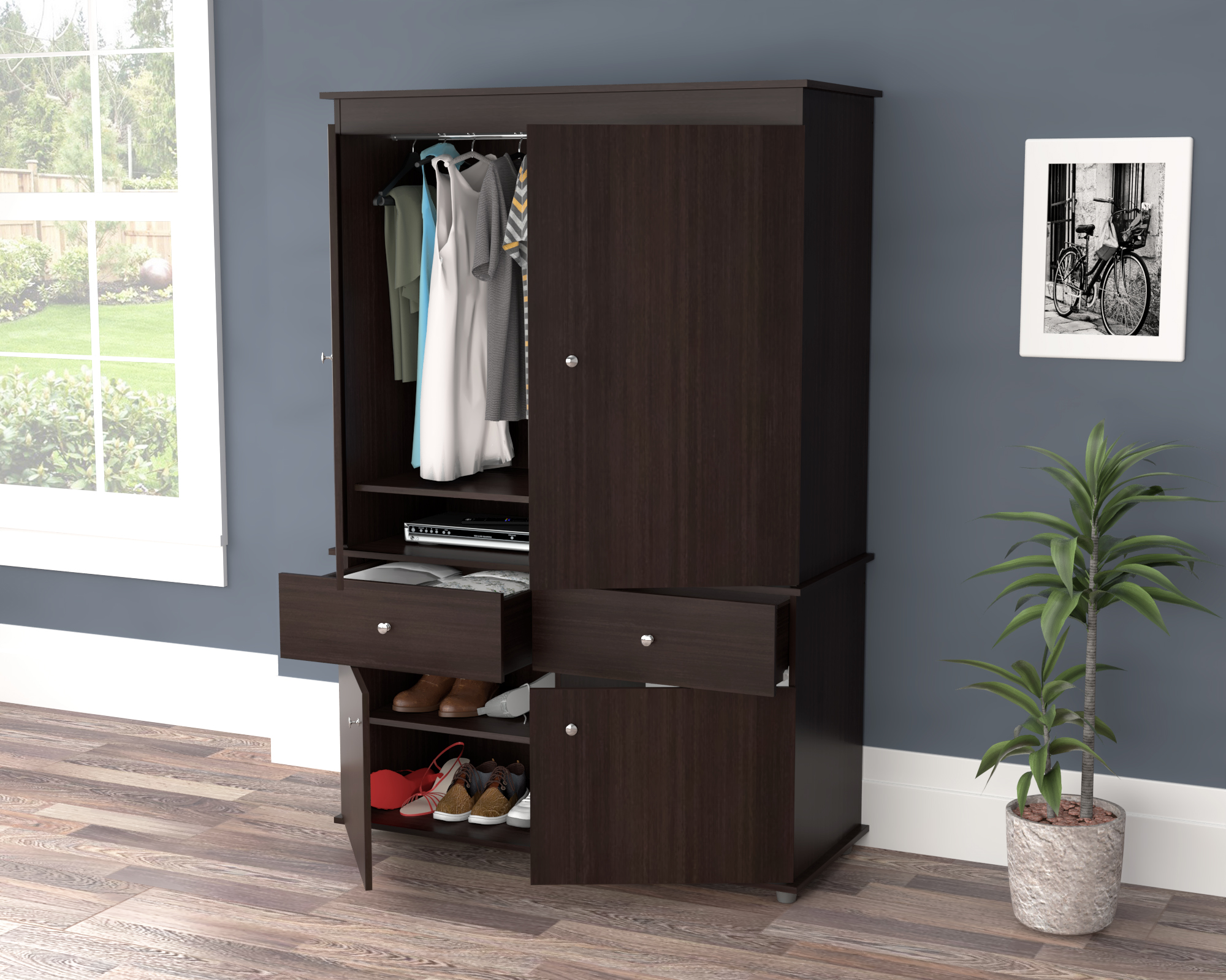 Inval 2-Drawer 4-Shelf Hanging Rod Armoire Box 2, Espresso