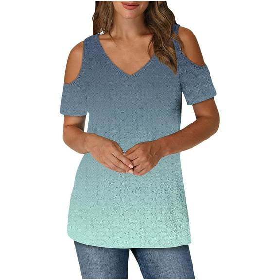 CHUMUD Womens Cold Shoulder Tops Gradient Color V Neck Short Sleeve Summer T Shirts Basic Tees