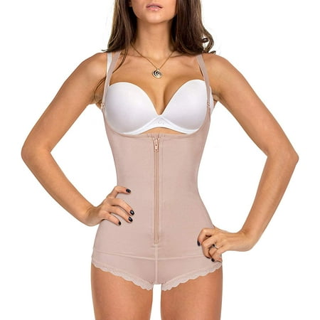 

Nebility Women Bodysuit Latex Waist Trainer Tummy Firm Control Shapewear Slim Full Body Shaper Open Bust Zipper Corset(Beige M）