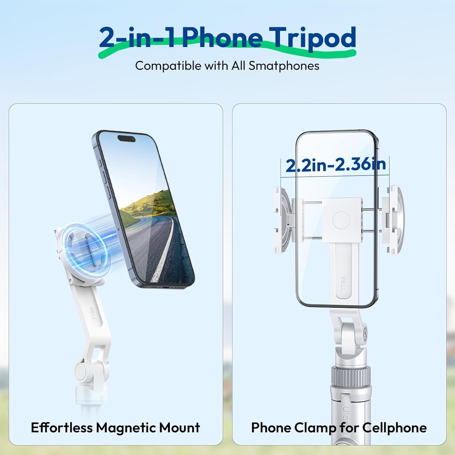ULANZI TT88 Magnetic Tripod for iPhone 17, 57" Extendable Selfie Stick w Remote, 2-in-1 Phone Clip & Dual Cold Shoe Mounts-Lightweight Phone Tripod Stand for Vlogging, Travel, Video Recording, White