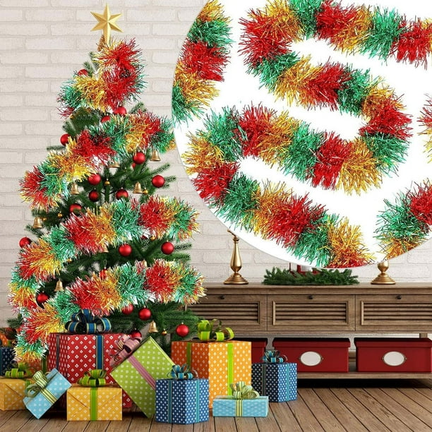 Adornos navideños, guirnaldas navideñas de 4.9 m, serpentinas gruesas y finas, guirnaldas de papel de aluminio para decorar el árbol de Navidad, el hogar y el interior. Rayas de colores.