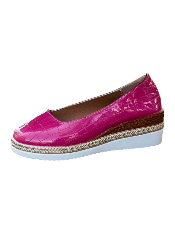 Women's Gold Platform Wedge Espadrille Flats - Shiny Crocodile Print On Shoes, Round Toe Casual -On Wedge Heels for Daily Wear & Party Outfits