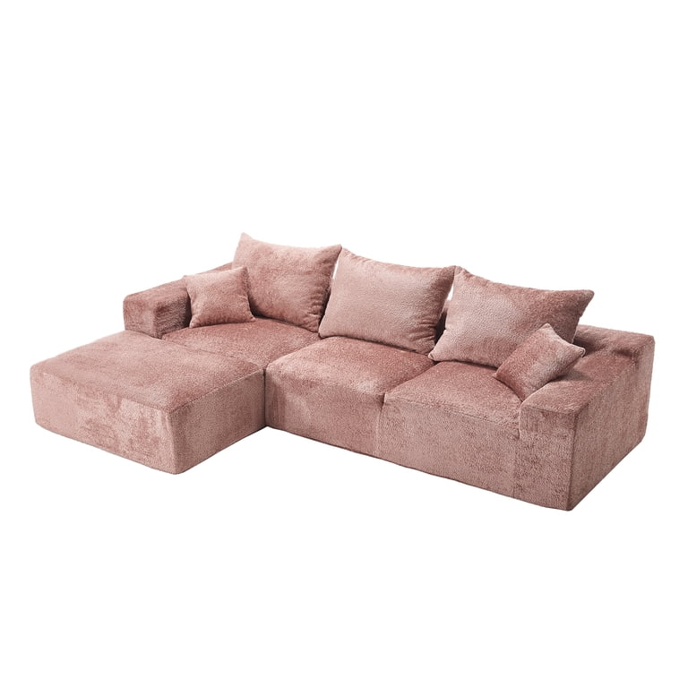 MOONMISS Boucle Upholstered L-shaped Intimate Comfort Deep Seat Modern Sofa with 5 Pillows-Pink