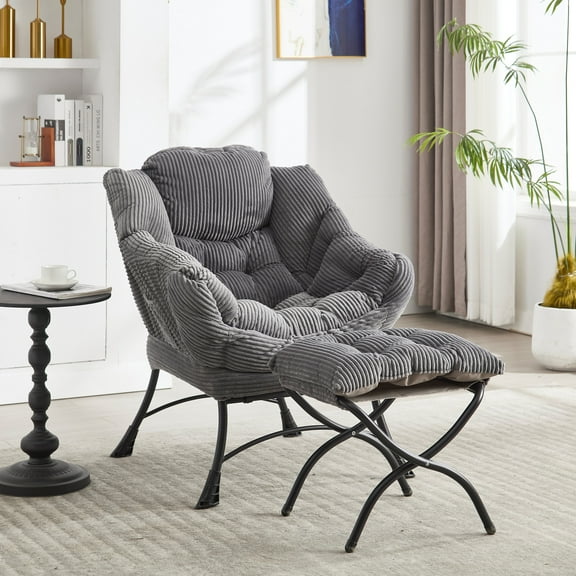 Gray Lazy Chair with Ottoman – Cozy Lounge Chair for Bedroom, Living Room, and Balcony, Effortless Assembly