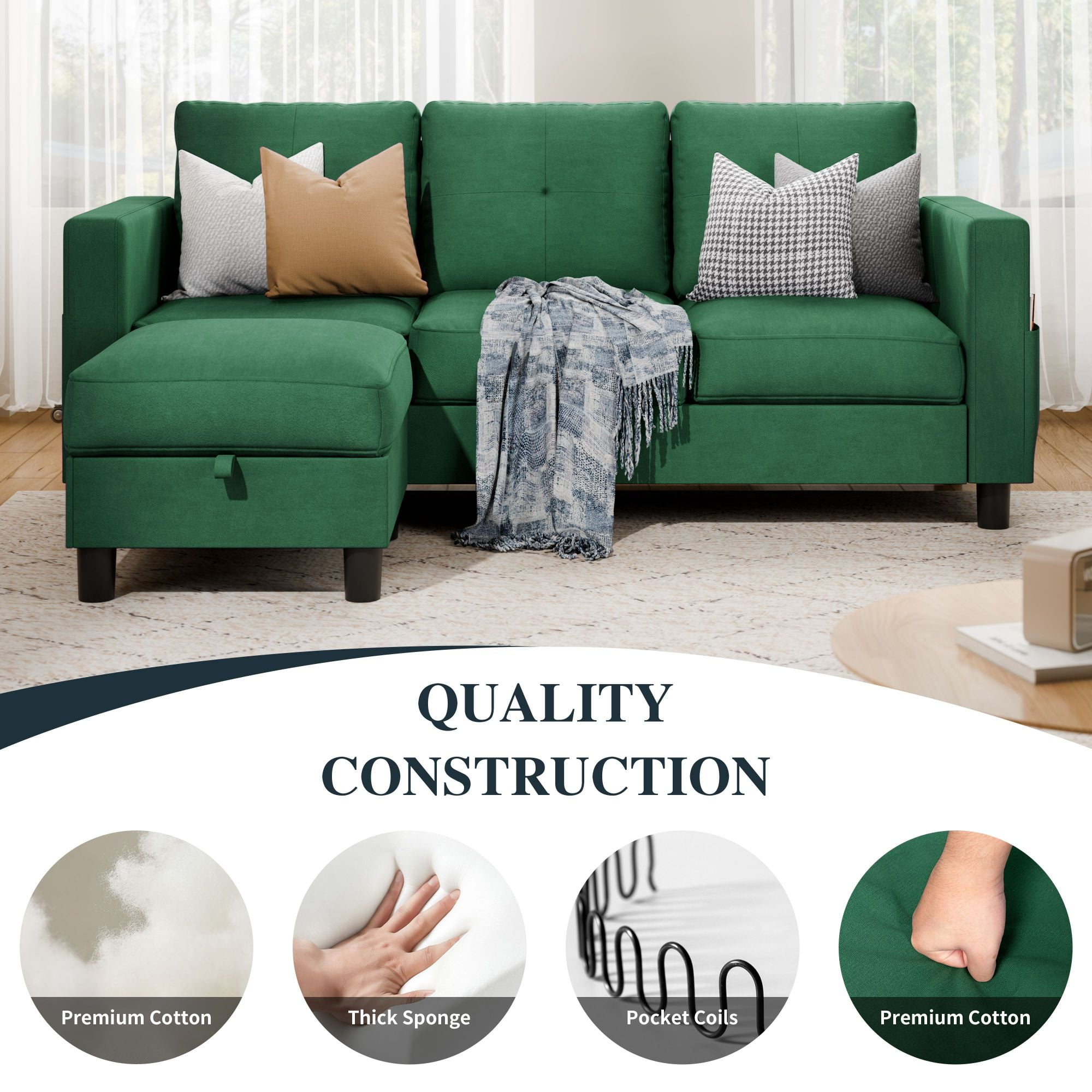 Walsunny Convertible Sectional Sofa Couch, Modern Linen Fabric L-Shaped Couch 3-Seat Sofa Sectional with Reversible Chaise for Small Living Room, Apartment and Small Space, Green