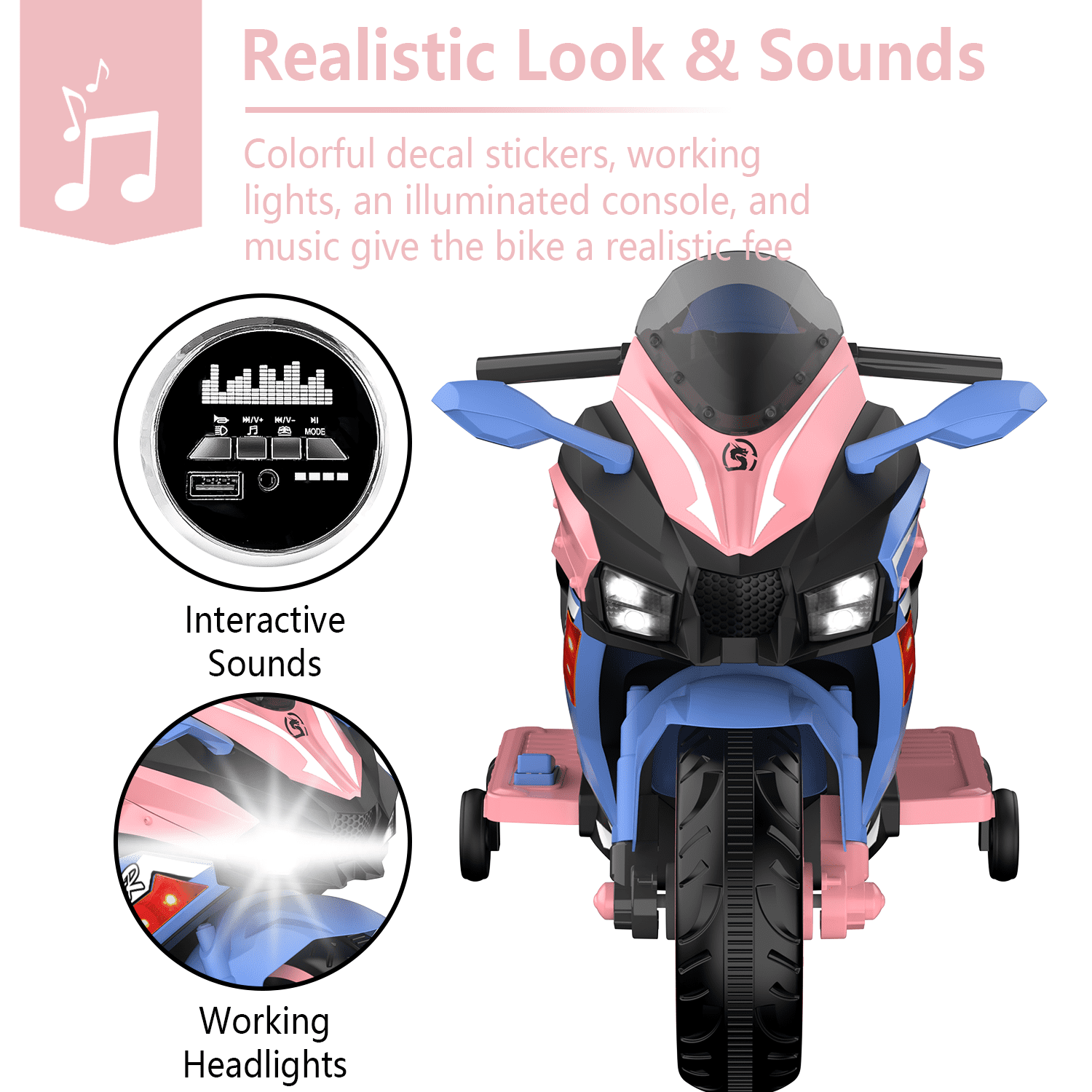 HNH 12V Ride on Toys for Girls, Kid Electric Motorcycle with Remote Control, Powered Motorcycle with Music, Bluetooth, Lights