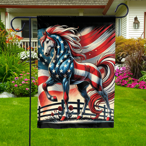 Lotusprinthandmade Patriotic Horse US Flag 4th of July 100% Polyester Garden Flag 12x18 inches