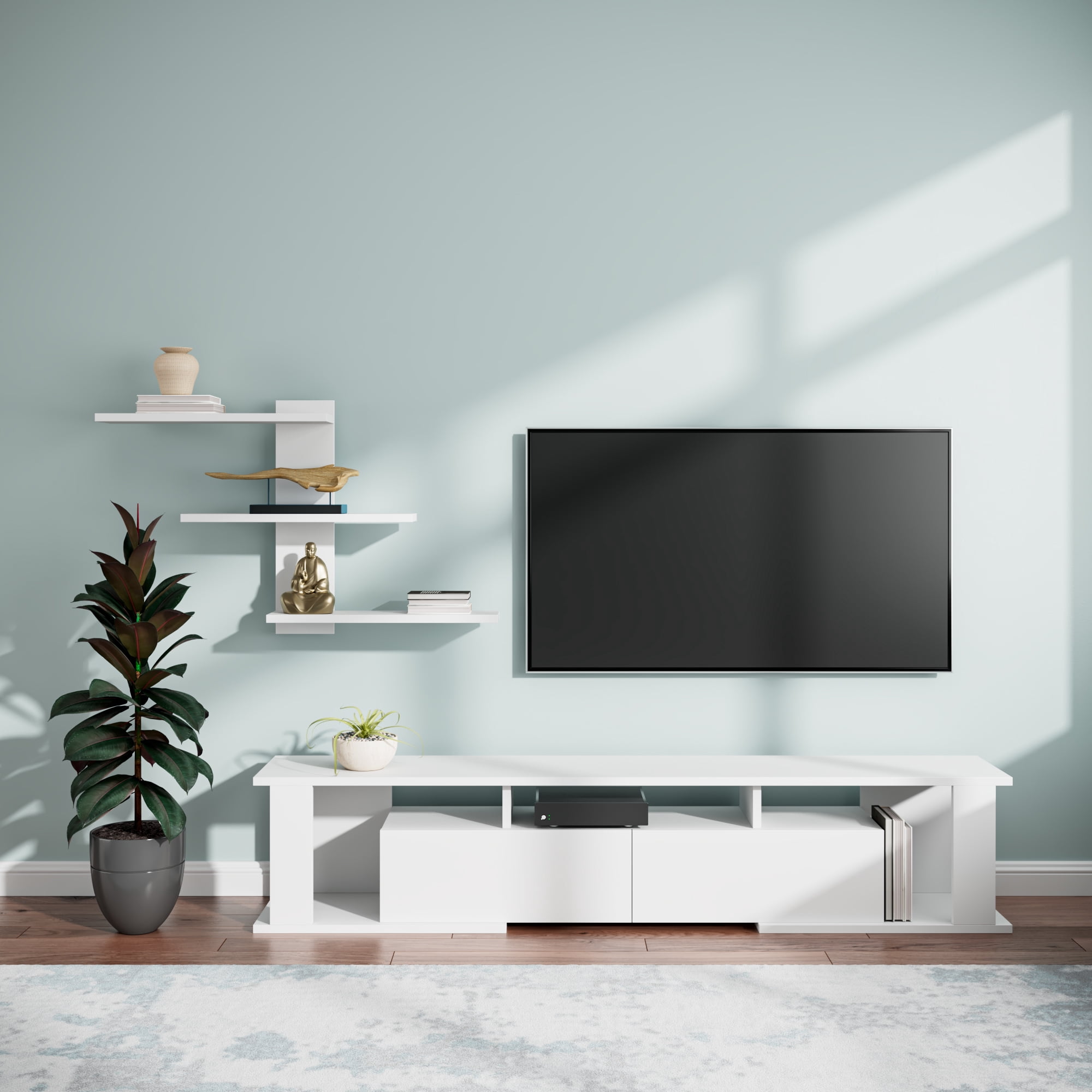 Ada Home Decor Rockeby 4 Tier TV Stand with Doors for TVs up to 70", White