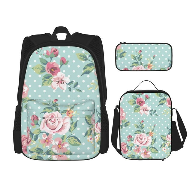 Easygdp Vintage Floral Mochila para Niños y Niñas con Set de Caja de Almuerzo y Estuche para Lápices 3 en 1, Mochila Escolar Estampada para Adolescentes