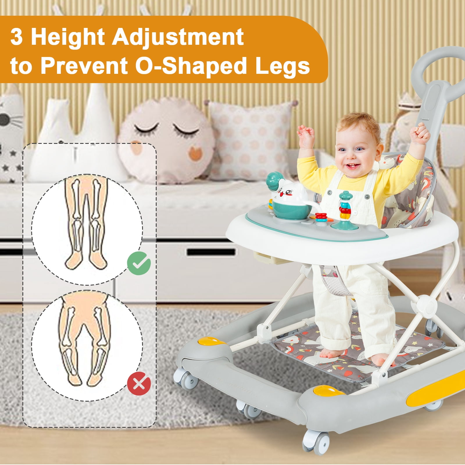 YYuan 4-in-1 Infant Walker with Music and Play Toys, Compact Folding Baby Walker with Wheels for Boys and Girls,Grey