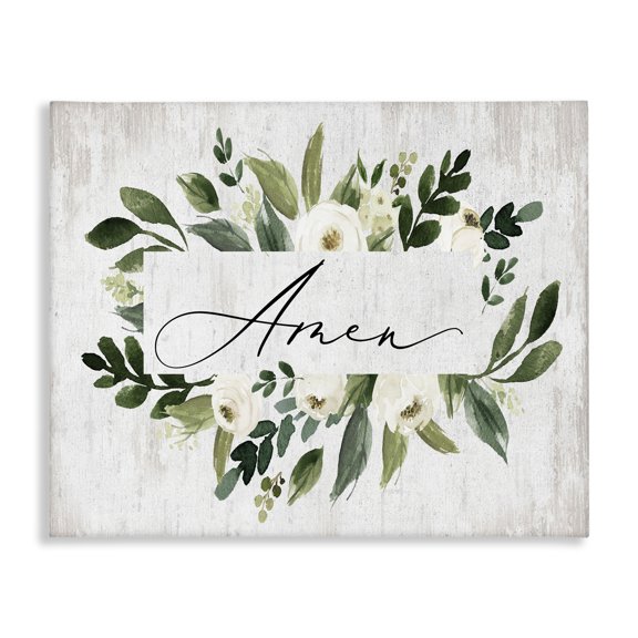 Stupell Industries Farmhouse Amen Text Green Botanical Foliage White Florals Distressed Canvas Art, 30 x 24, by Lettered and Lined