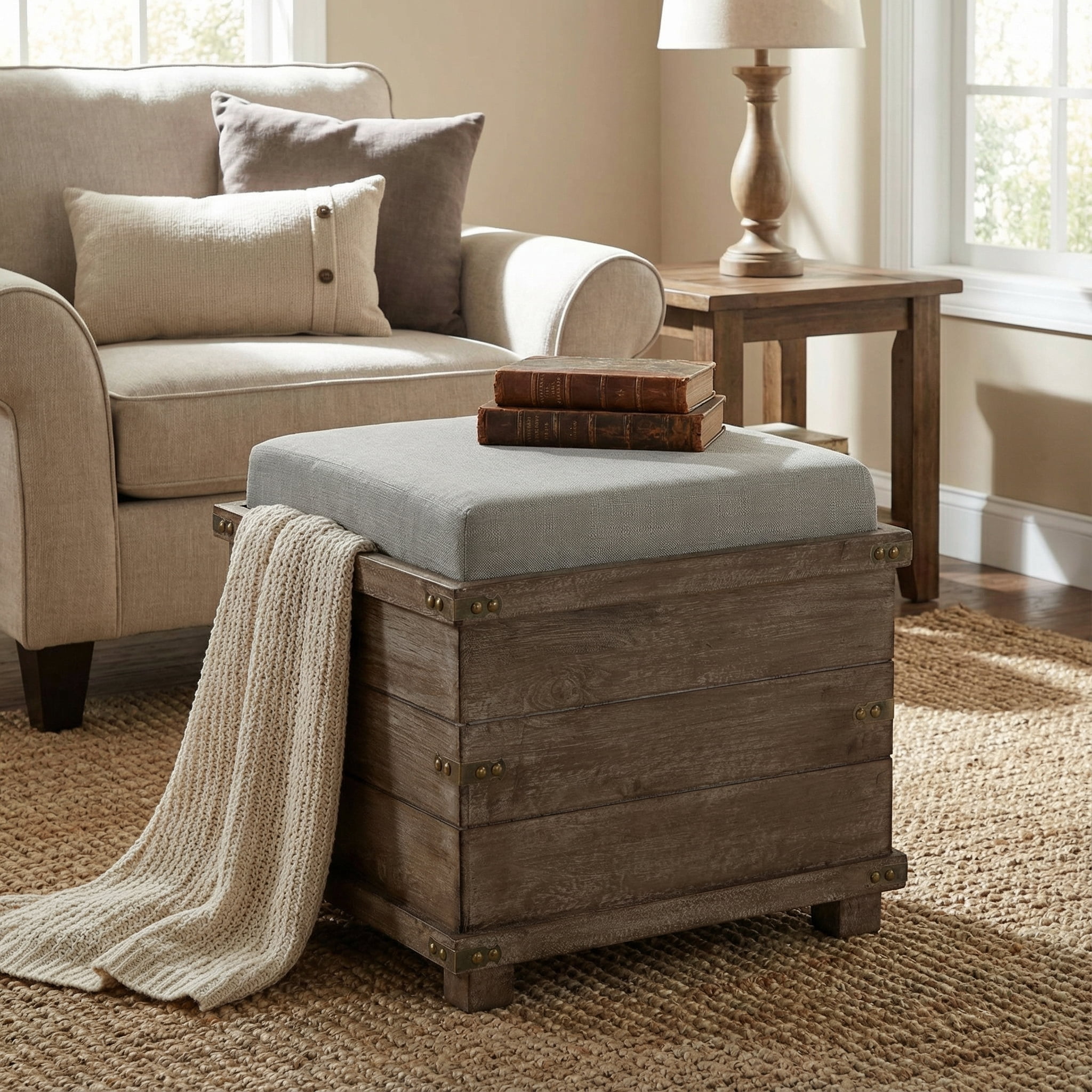 Cortesi Home Scusset Storage Chest Tray Ottoman in Fabric and Wood, Grey