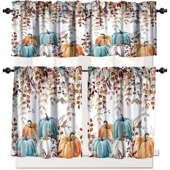 Fall Thanksgiving Kitchen Curtains Valances Set,Autumn Pumpkins Eucalyptus Leaves Decoration Kitchen Window Curtains Tier and Valance Curtain Set for Bedroom Living Room 54x18 & 27x24x2, 3 Panel
