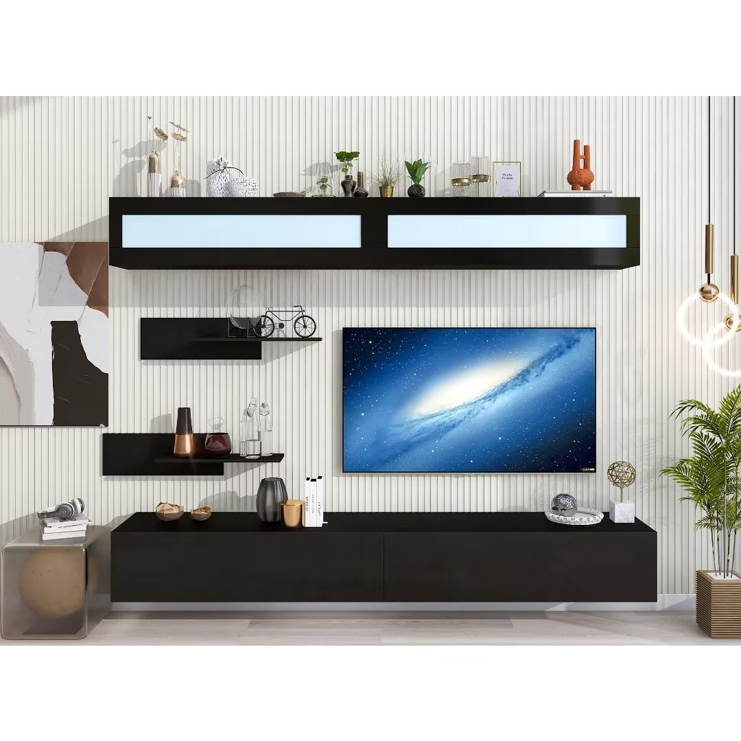 High Gloss Floating TV Stand for 95+ Inch, LEDlit Wall Mount