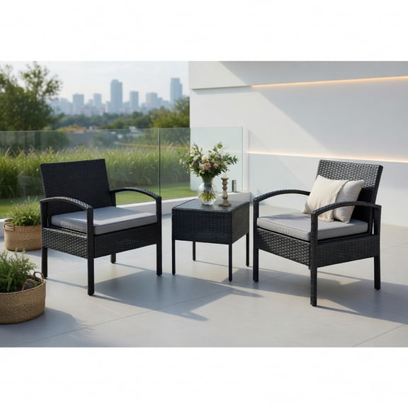 Resenkos 3-Piece Gray Outdoor Wicker Patio Conversation Set – PE Rattan Chairs with Cushions Tempered Glass Coffee Table for Backyard, Balcony & Poolside